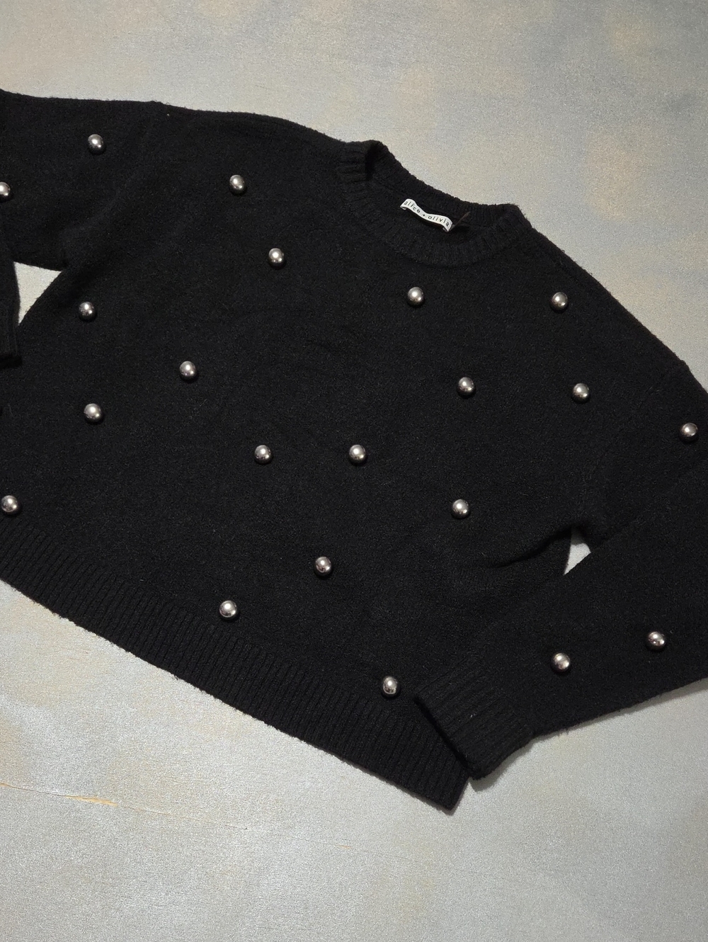 Alice + Olivia Black Crewneck Sweater with Silver Bead Embellishments